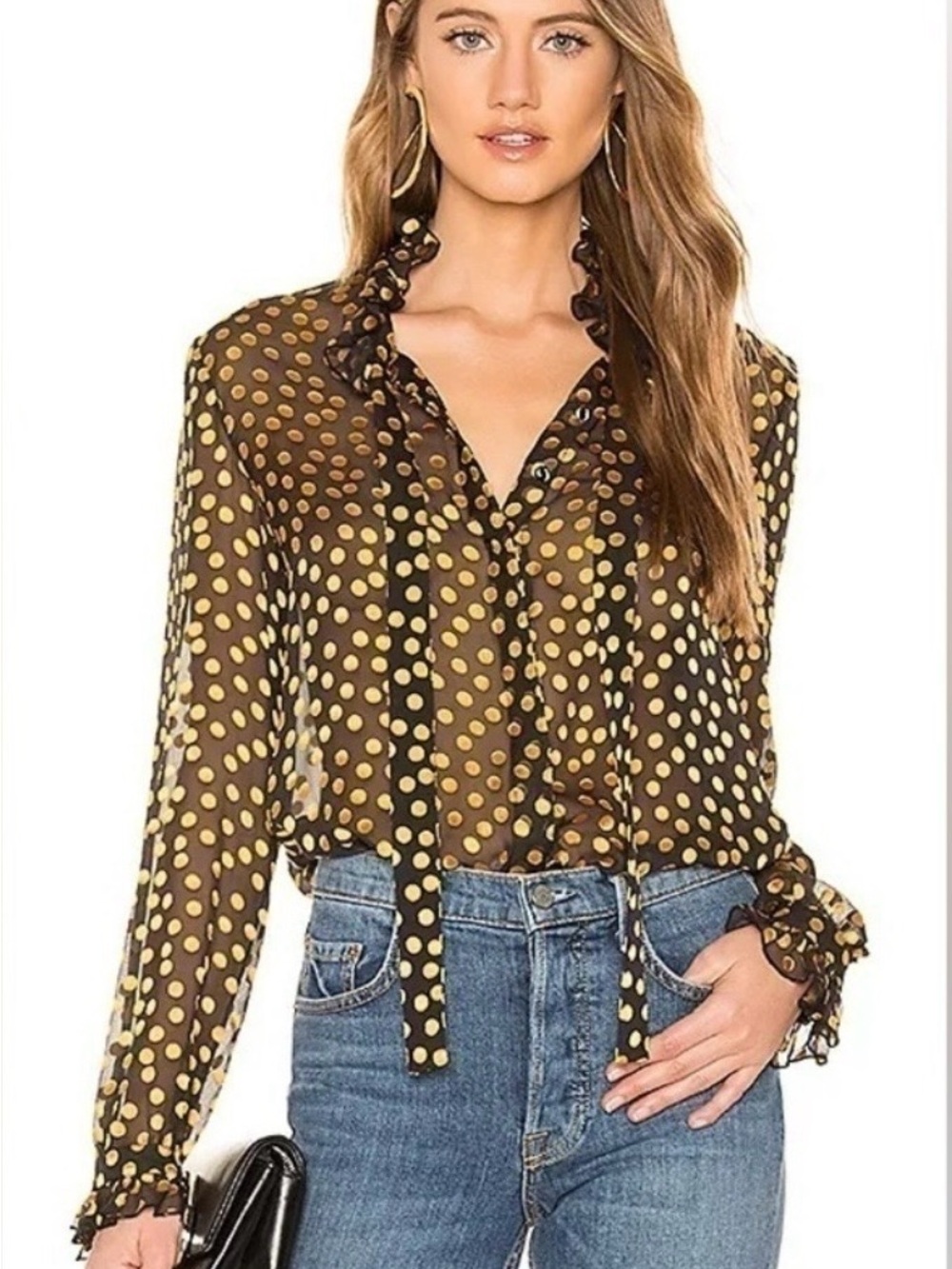 SALONI Black Silk Sheer Polka Dot Tie-Neck Blouse with Yellow Dots, Size 2